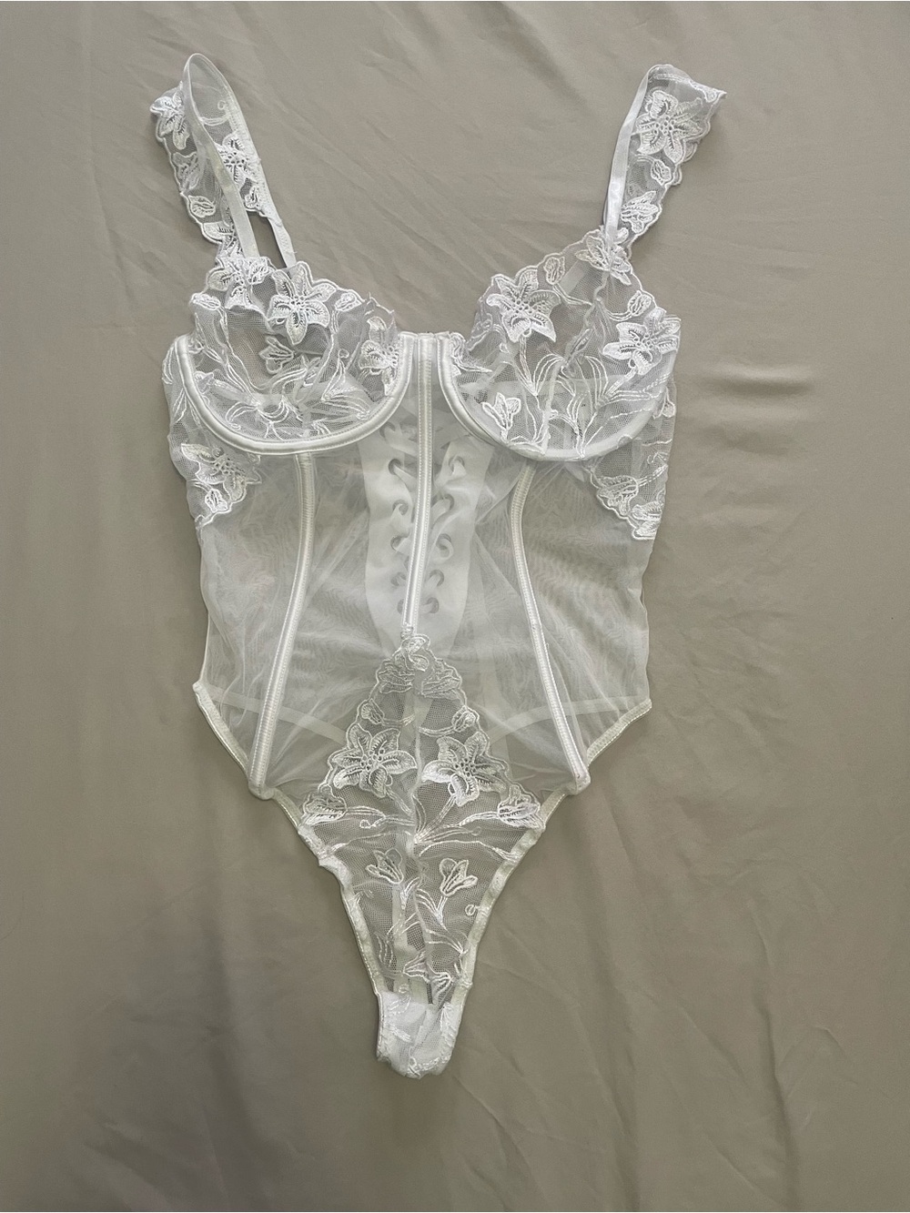 Fashion Nova White Sheer Lace Bodysuit with Front Lace-Up